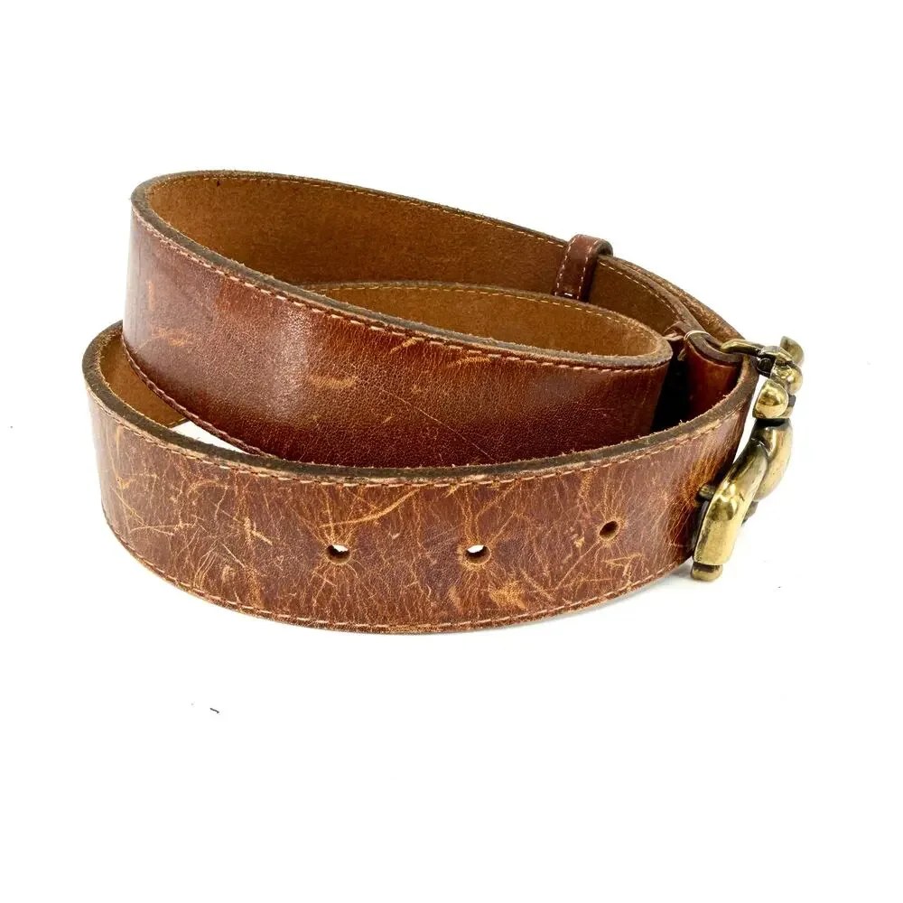Vintage 90s Distressed Brown Leather Belt With Brass Faucet Buckle
